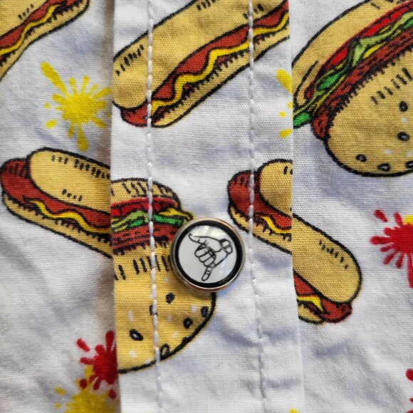 Good Vibes Hamburger & Hotdog Print Button-Up Shirt Retro Food Graphic - Size M - Picture 8 of 15